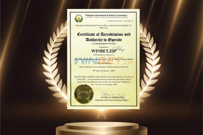 Giấy phép hoạt động hợp pháp của Winbet Zip được cấp bởi tổ chức PAGCOR Philippines